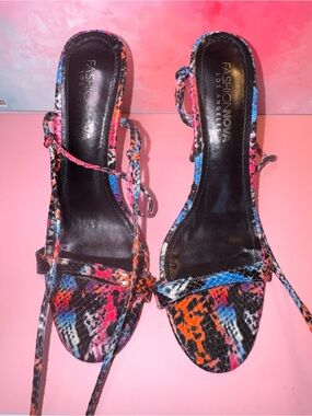Fashion Nova Multicolor Snake-Print Lace-Up Heels in Pink, Orange & Blue